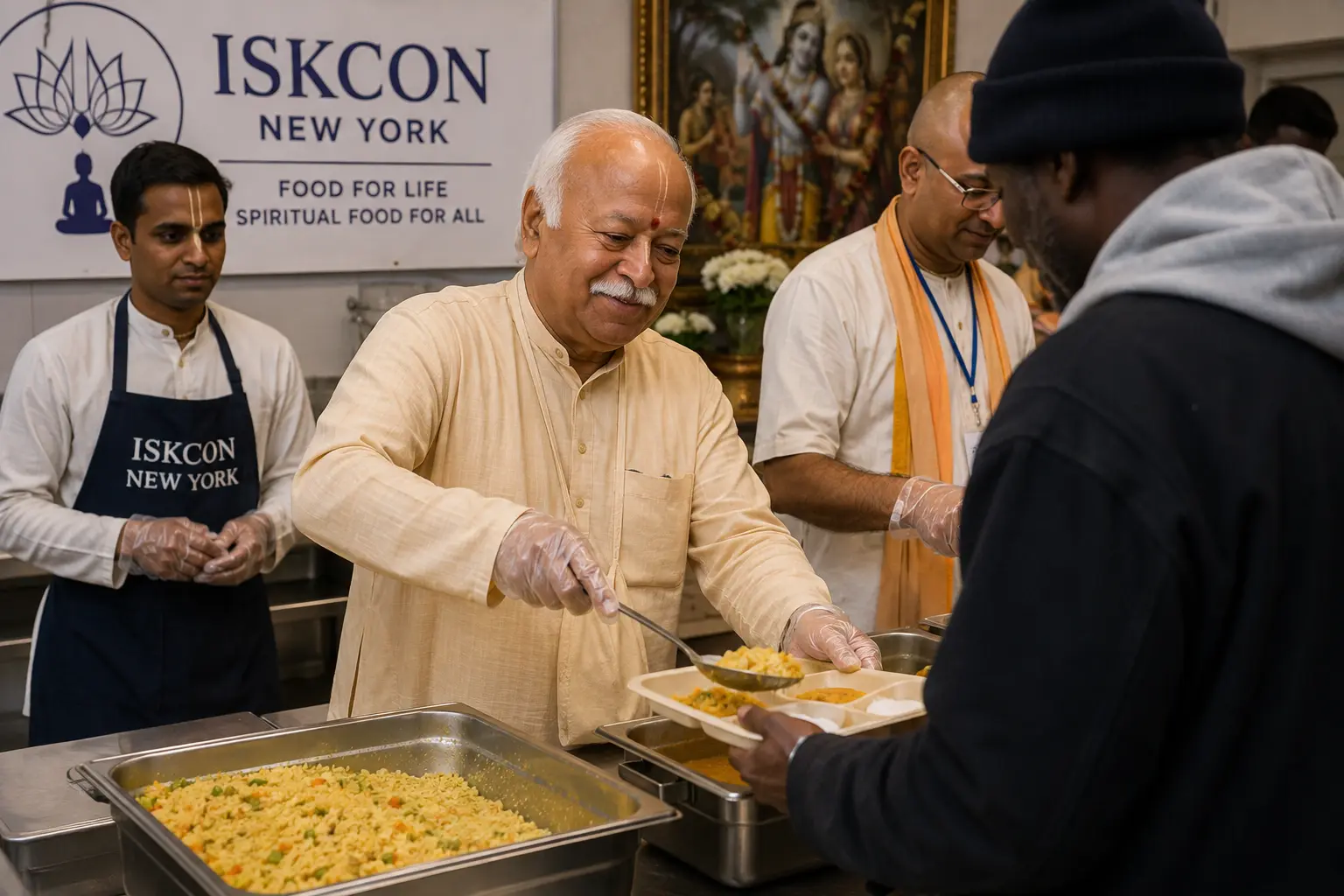 Mohan Bhagwat participating in food service at ISKCON New York