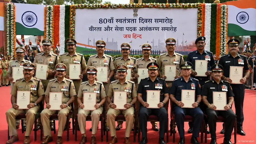 80वें स्वतंत्रता दिवस समारोह में वीरता और सेवा पदक से सम्मानित वर्दीधारी पुलिस और फायर सर्विस अधिकारी हाथ में सम्मान पत्र थामे हुए।