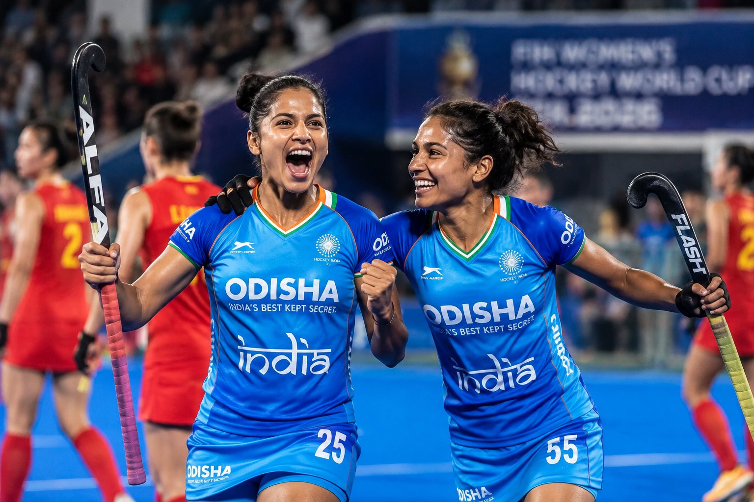 FIH महिला हॉकी विश्व कप 2026 में चीन के खिलाफ गोल करने के बाद जश्न मनाती भारतीय महिला हॉकी टीम की खिलाड़ी नवनीत कौर और दीपिका।