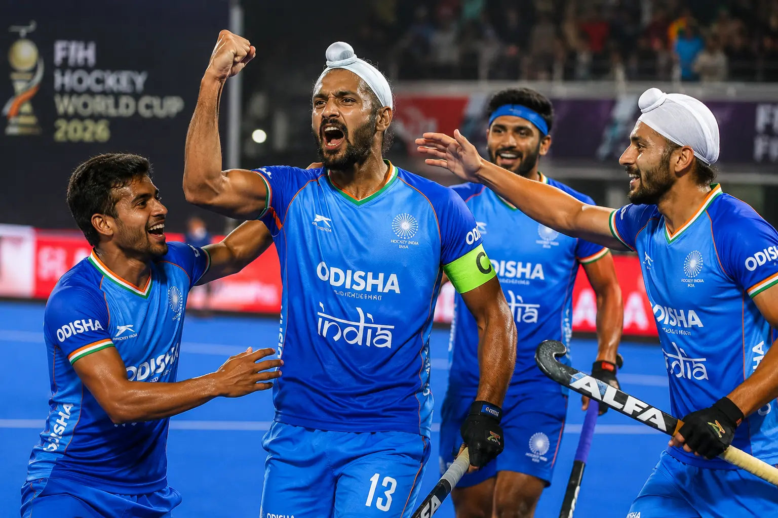 एफआईएच हॉकी वर्ल्ड कप 2026 में बेल्जियम के खिलाफ गोल का जश्न मनाते भारतीय हॉकी कप्तान हरमनप्रीत सिंह और खिलाड़ी।