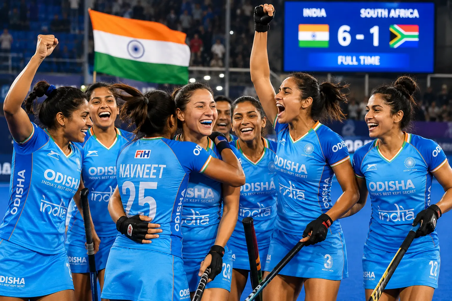 भारतीय महिला हॉकी टीम ने Women's Hockey World Cup 2026 में साउथ अफ्रीका को 6-1 से हराने के बाद जीत का जश्न मनाया