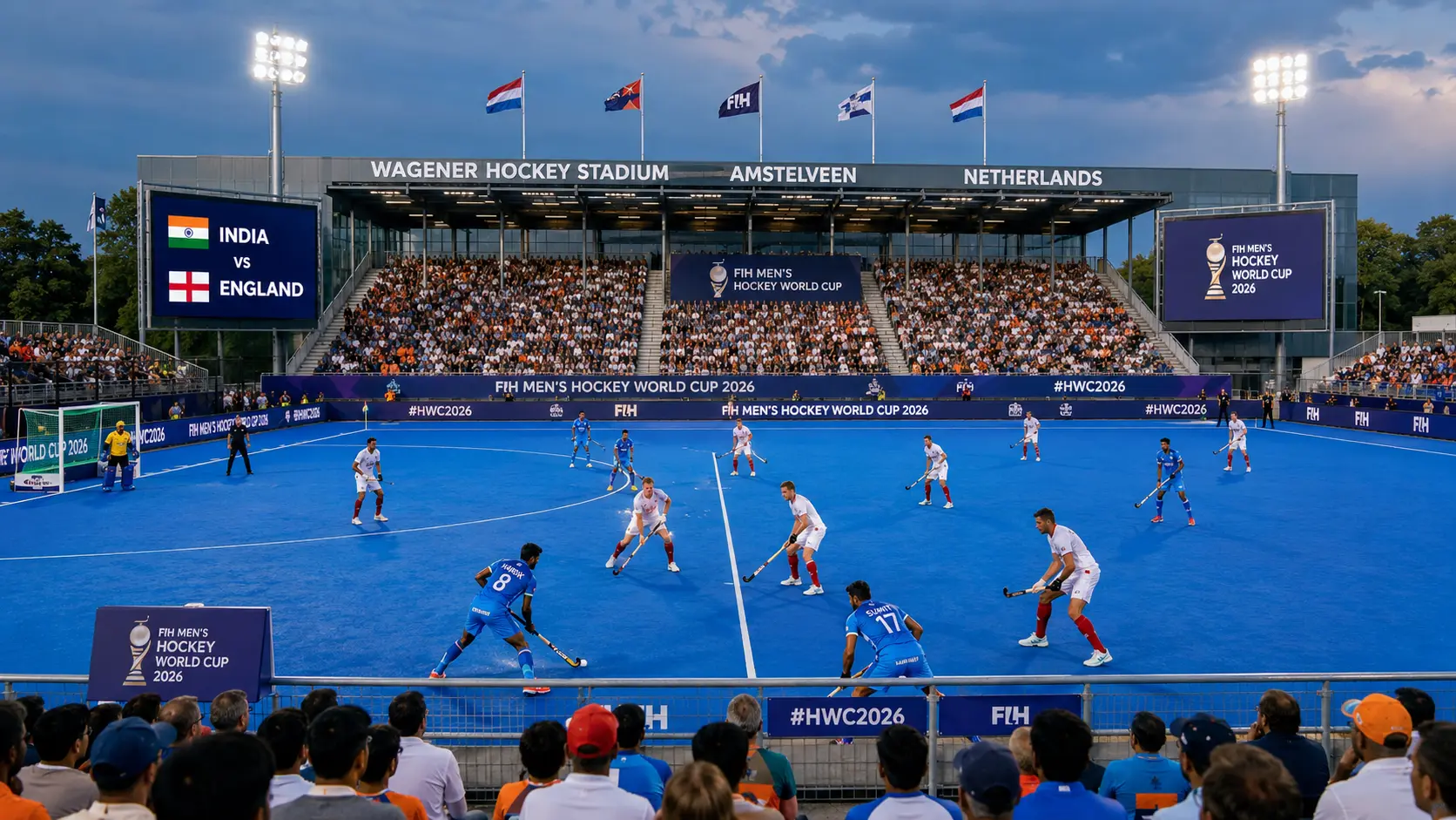 Wagener Hockey Stadium Amstelveen in Netherlands during FIH Men's Hockey World Cup 2026 match between India and England.