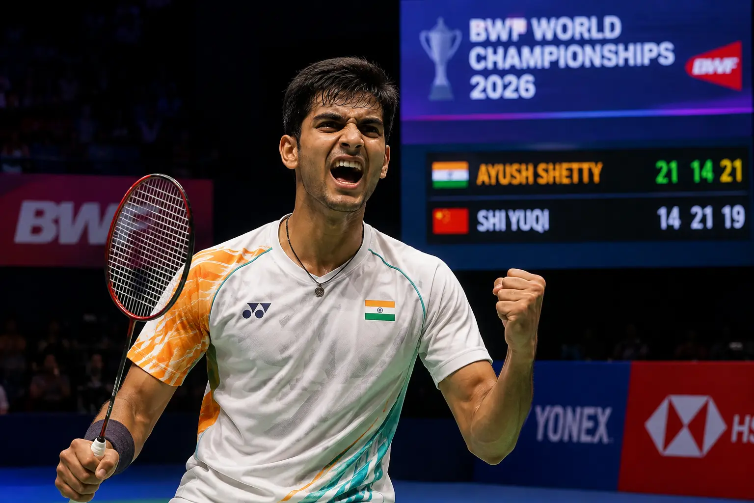 आयुष शेट्टी BWF World Championships 2026 में शी युकी के खिलाफ मैच जीतने के बाद जश्न मनाते हुए।