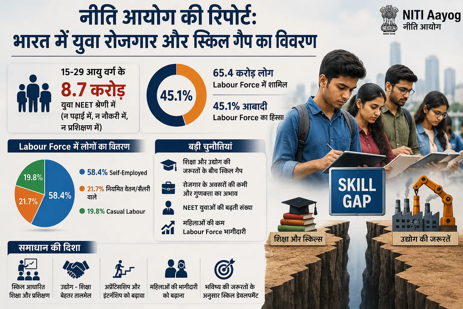 नीति आयोग की रिपोर्ट: भारत में युवा रोजगार और स्किल गैप का विवरण।
