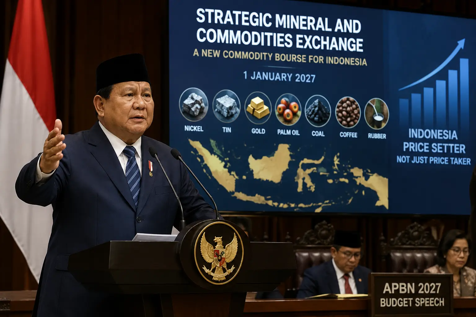 इंडोनेशिया के राष्ट्रपति प्रबोवो सुबियांतो 2027 के बजट भाषण के दौरान Strategic Mineral and Commodities Exchange की घोषणा करते हुए