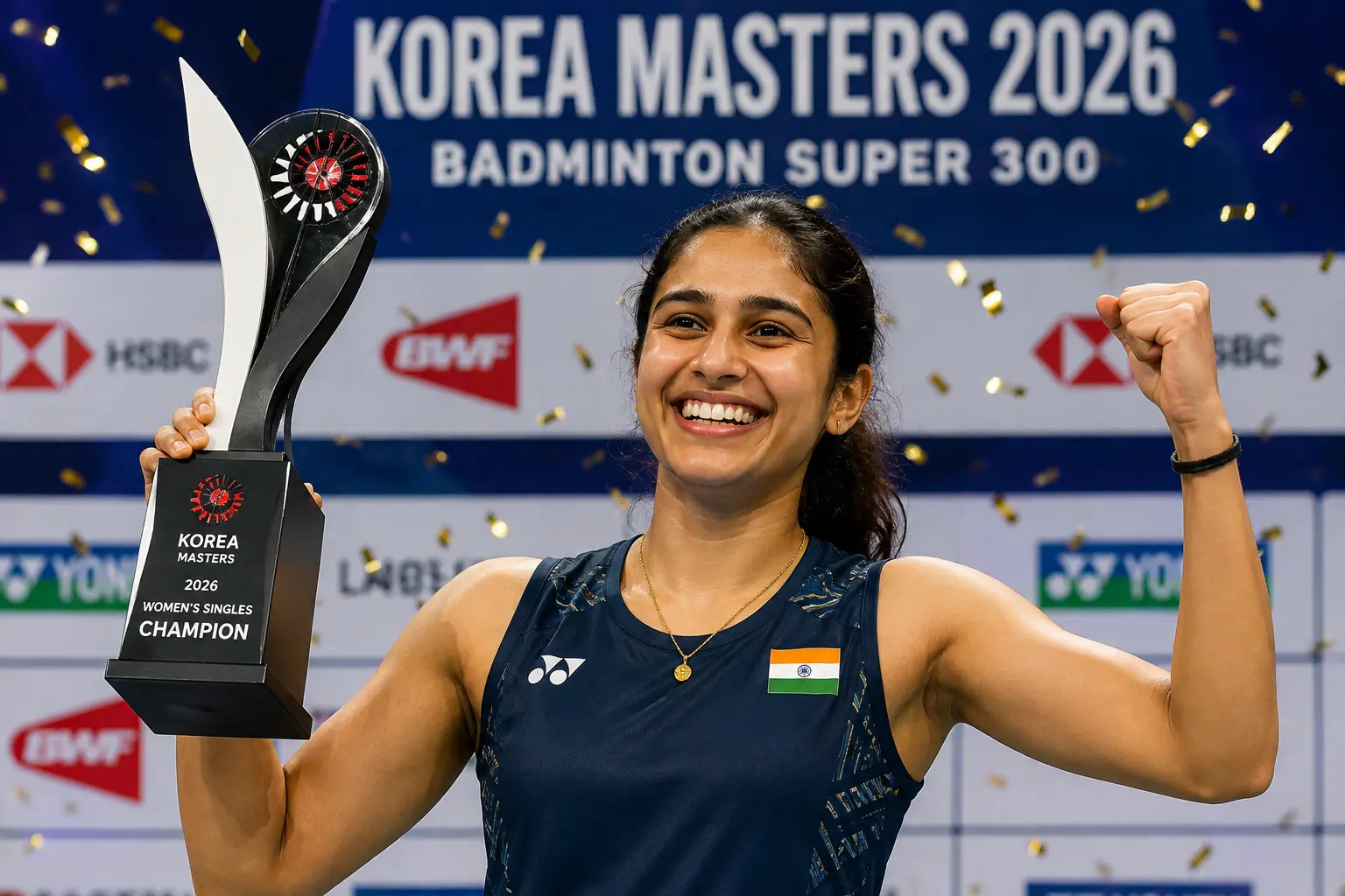अश्मिता चालिहा कोरिया मास्टर्स 2026 ट्रॉफी के साथ जीत का जश्न मनाते हुए