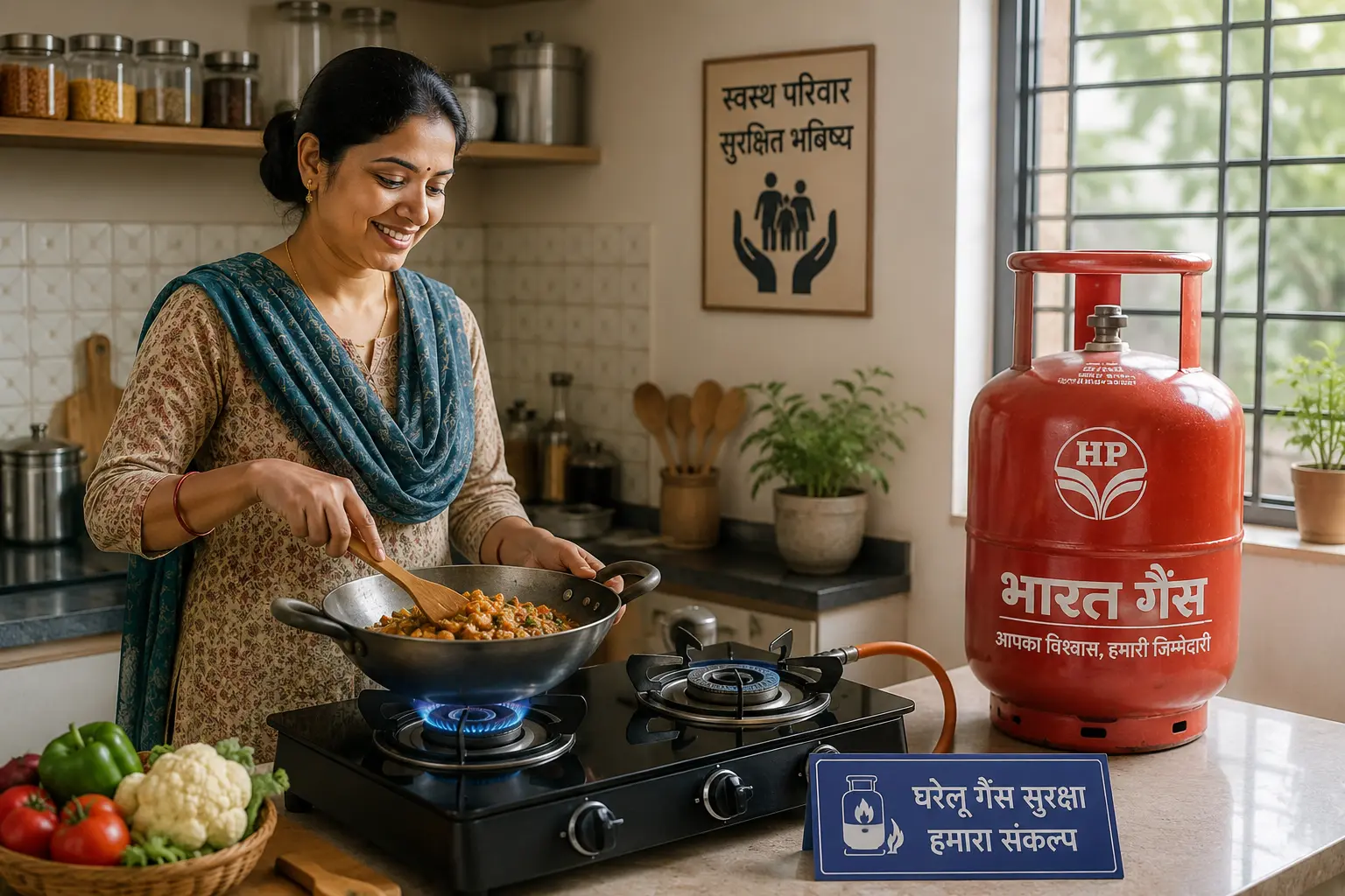 भारतीय रसोई में एलपीजी गैस स्टोव पर खाना पकाने का दृश्य, जो घरेलू रसोई गैस सुरक्षा को दर्शाता है।