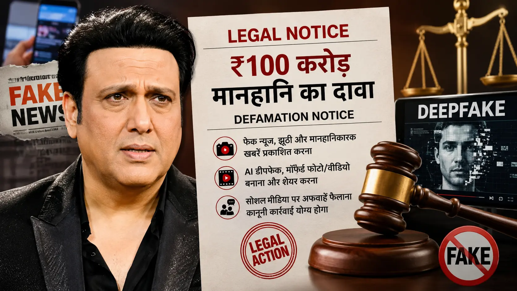 बॉलीवुड अभिनेता गोविंदा, जो फेक न्यूज और डीपफेक वीडियो के खिलाफ ₹100 करोड़ के मानहानि नोटिस को लेकर चर्चा में हैं।