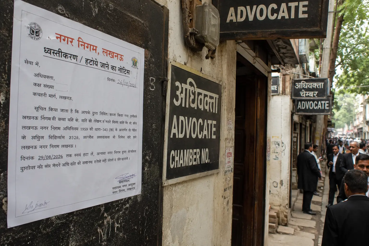 लखनऊ कचहरी मार्ग पर अवैध वकीलों के चैंबरों पर चस्पा किए गए नगर निगम के ध्वस्तीकरण नोटिस की तस्वीर।