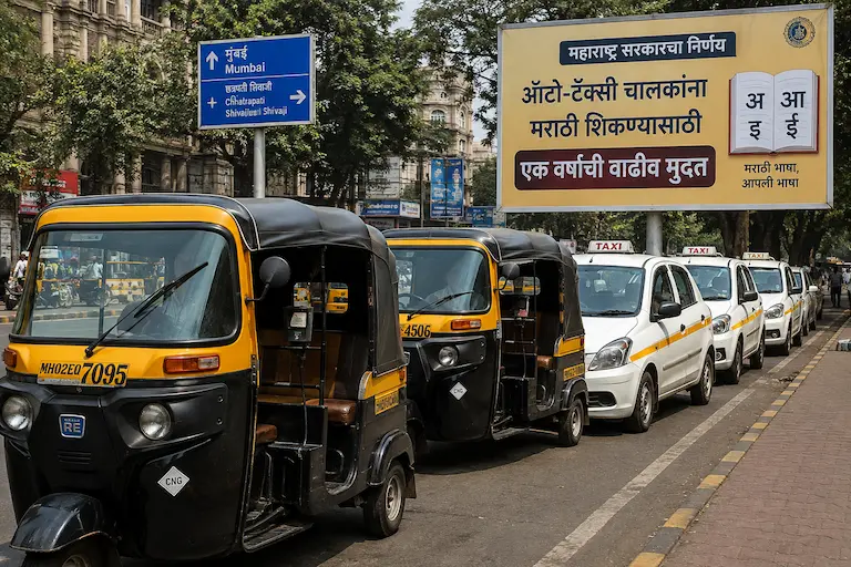 महाराष्ट्र की सड़क पर खड़े ऑटो-रिक्शा और टैक्सी, जिन्हें मराठी भाषा सीखने के लिए सरकार से समय मिला है।