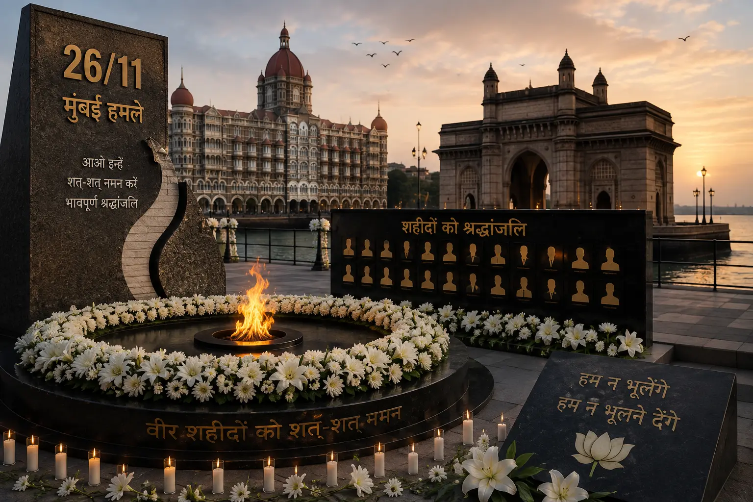 मुंबई 26/11 आतंकी हमले के शहीदों का स्मारक स्थल और श्रद्धांजलि चित्र