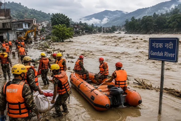 नेपाल में बाढ़ के बाद राहत और बचाव कार्य में जुटी रेस्क्यू टीम और उफनती गंडक नदी का दृश्य.