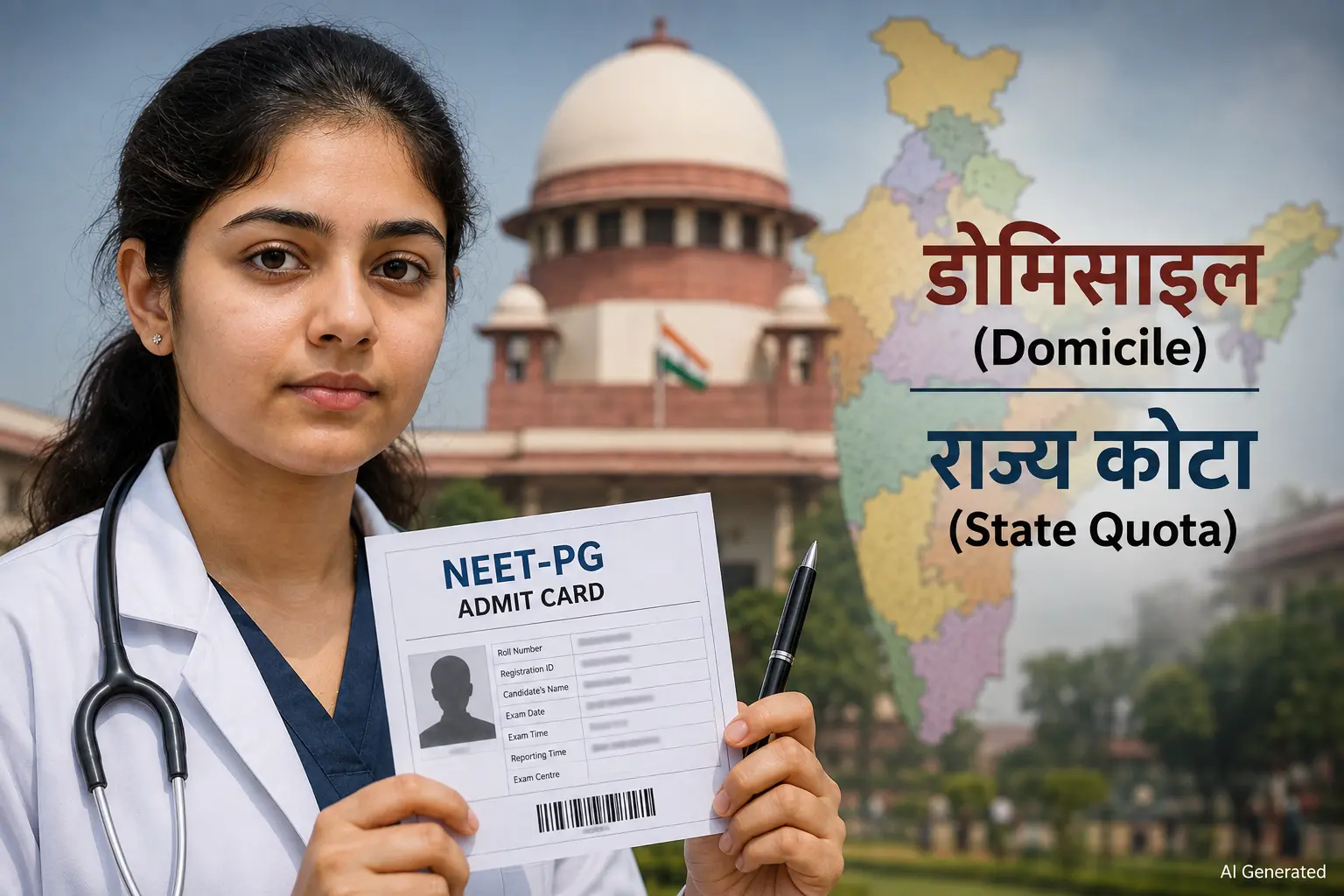 एक मेडिकल छात्रा की क्लोज़-अप तस्वीर, जो हाथ में NEET-PG प्रवेश पत्र और पेन पकड़े हुए है। पृष्ठभूमि में सुप्रीम कोर्ट की इमारत और एक सांकेतिक नक्शा धुंधला (blurred) दिखाई दे रहा है, जिस पर 'डोमिसाइल' (Domicile) और 'राज्य कोटा' (State Quota) के टेक्स्ट ओवरले हैं।