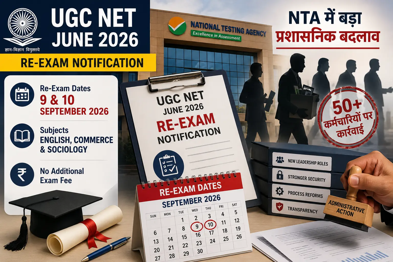 UGC NET June 2026 री-एग्जाम नोटिफिकेशन और NTA प्रशासनिक बदलाव का प्रतीकात्मक चित्र