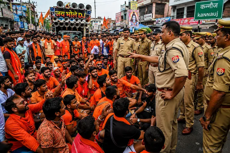 कन्नौज में कांवड़ यात्रा के दौरान डीजे रोकने पर पुलिस और कांवड़ियों के बीच हुआ विवाद और धरना प्रदर्शन.