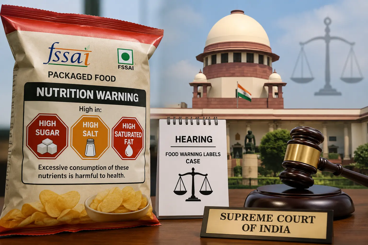 पैकेज्ड फूड पैकेट पर FSSAI न्यूट्रिशन वॉर्निंग लेबल और सुप्रीम कोर्ट की सुनवाई का प्रतीकात्मक चित्र