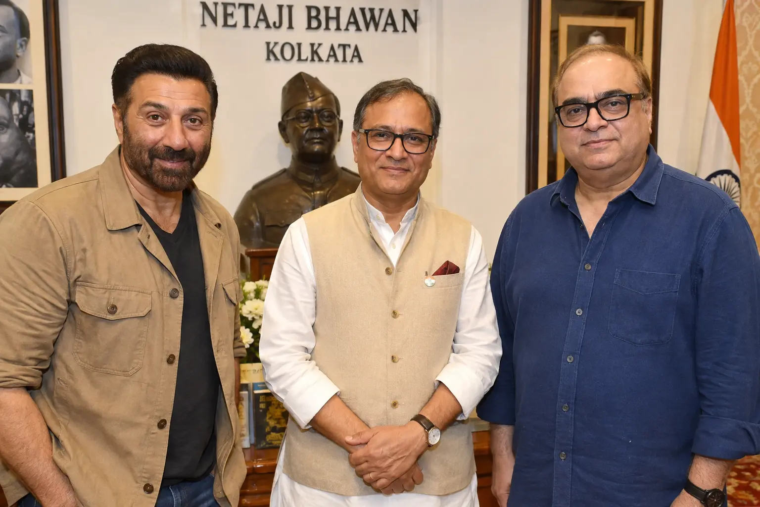 Sunny Deol and Rajkumar Santoshi with Sugata Bose at Netaji Bhawan Kolkata during Batwara 1947 movie promotion