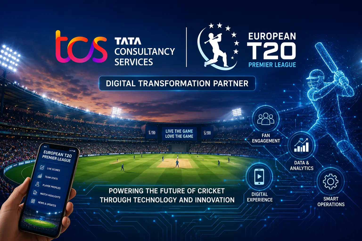 Cricket stadium background with TCS logo and European T20 Premier League digital technology theme