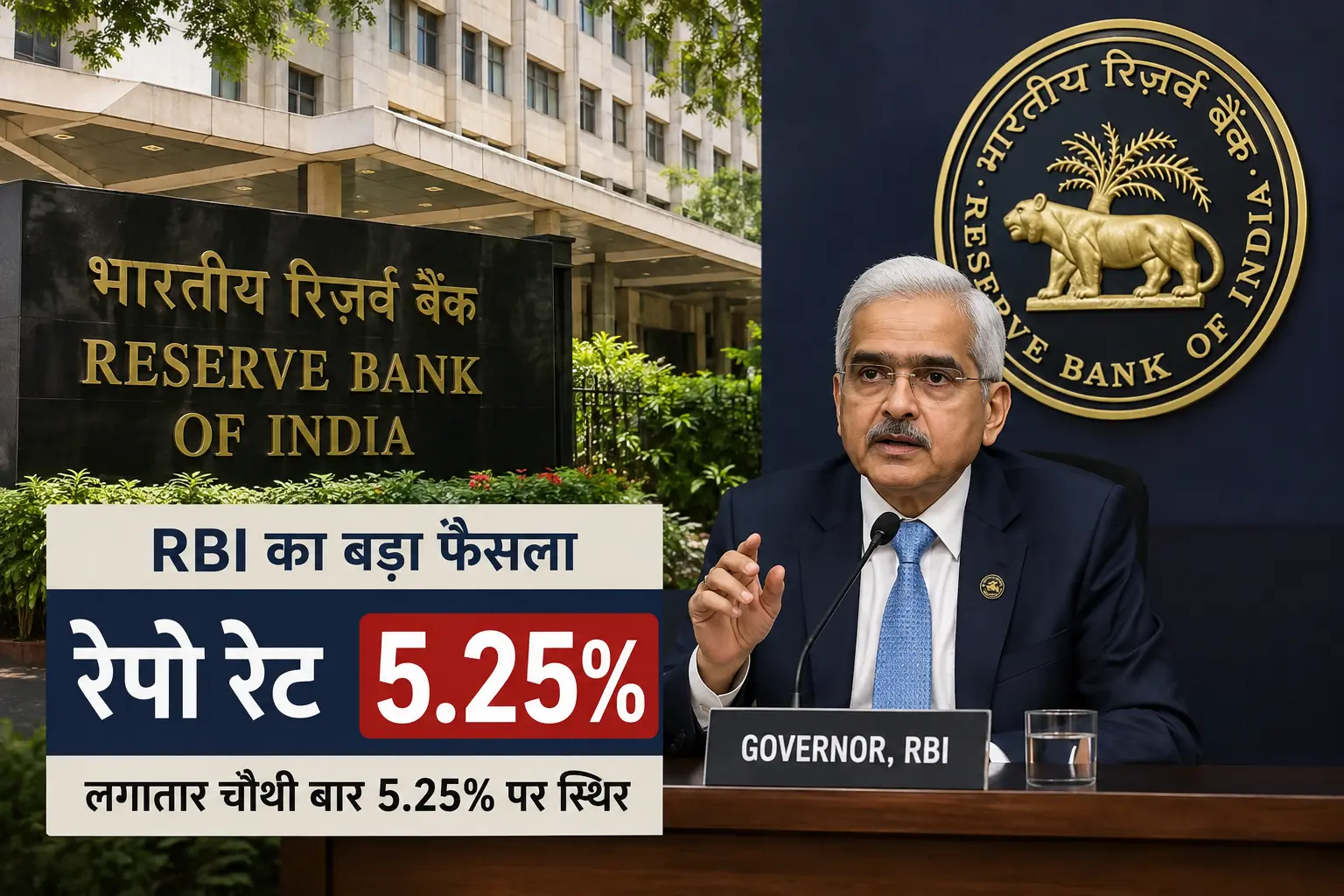 भारतीय रिजर्व बैंक (RBI) का मुख्यालय और गवर्नर द्वारा रेपो रेट 5.25 प्रतिशत पर स्थिर रखने की घोषणा।