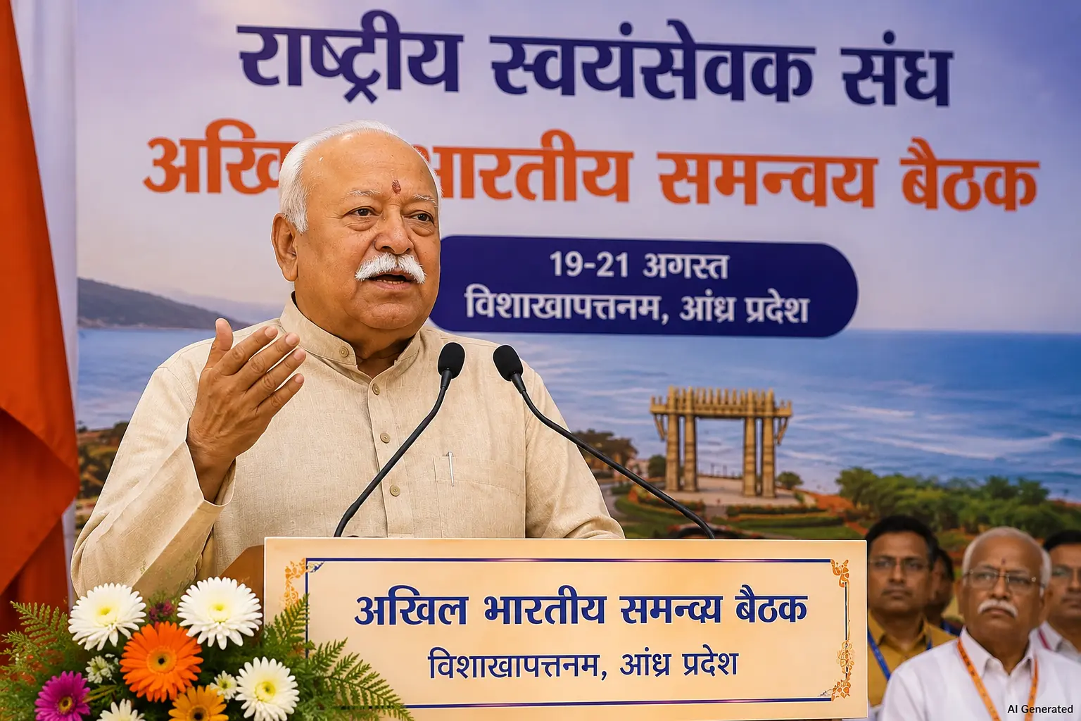RSS प्रमुख मोहन भागवत विशाखापत्तनम समन्वय बैठक के दौरान मंच से विचार व्यक्त करते हुए।