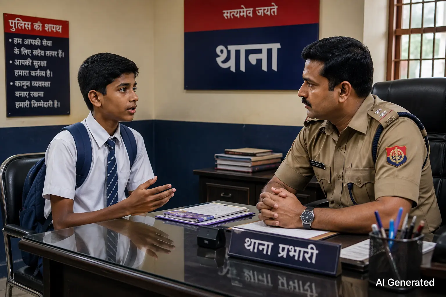 स्कूल यूनिफॉर्म पहने एक युवा छात्र पुलिस स्टेशन में एक पुलिस अधिकारी से बात करते हुए प्रतीकात्मक चित्र
