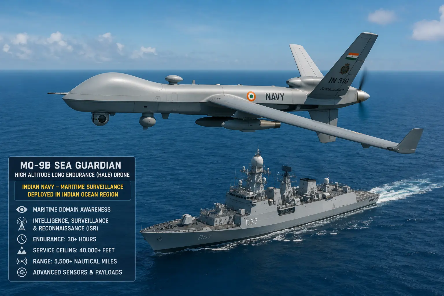 भारतीय नौसेना द्वारा हिंद महासागर में समुद्री निगरानी के लिए तैनात अमेरिकी General Atomics का MQ-9B SeaGuardian HALE ड्रोन
