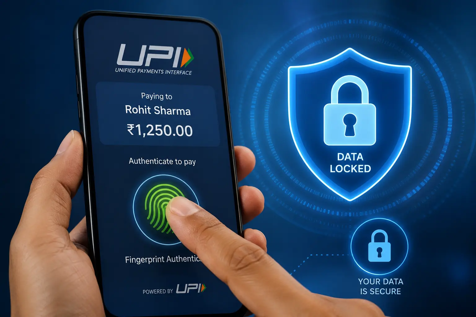 UPI पेमेंट के लिए मोबाइल स्क्रीन पर फिंगरप्रिंट ऑथेंटिकेशन और डाटा लॉक आइकन.