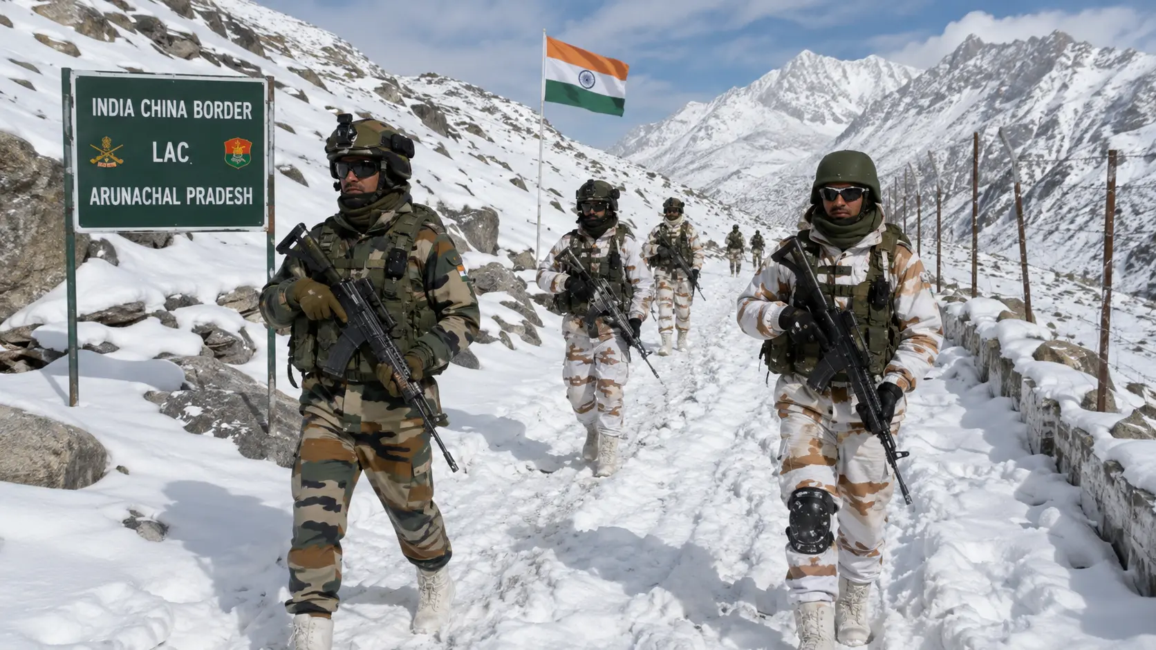 Indian Army and ITBP troops patrolling at the snow-covered Arunachal Pradesh India-China border LAC