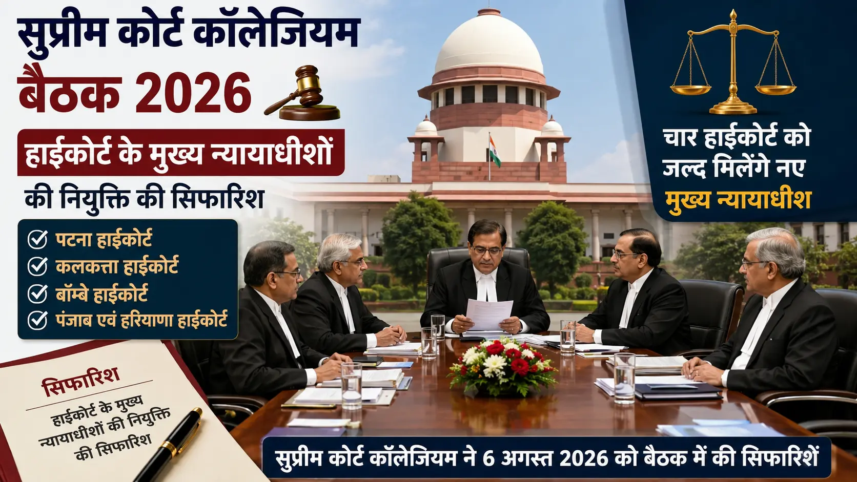 सुप्रीम कोर्ट कॉलेजियम बैठक 2026 में हाईकोर्ट के मुख्य न्यायाधीशों की नियुक्ति की सिफारिश