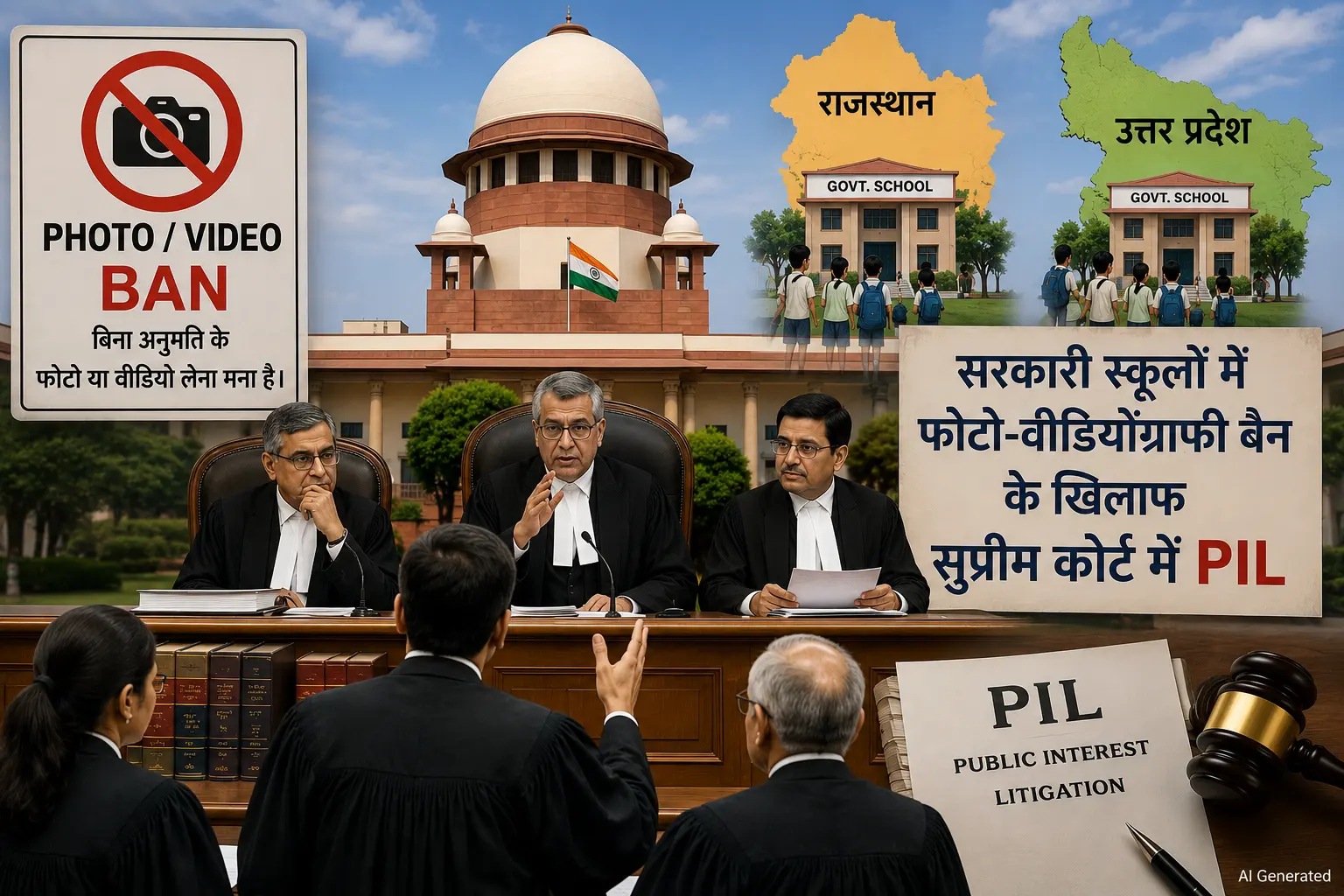 राजस्थान और UP के सरकारी स्कूलों में फोटो वीडियोग्राफी बैन के खिलाफ सुप्रीम कोर्ट में PIL पर विचार-विमर्श दर्शाती सांकेतिक तस्वीर