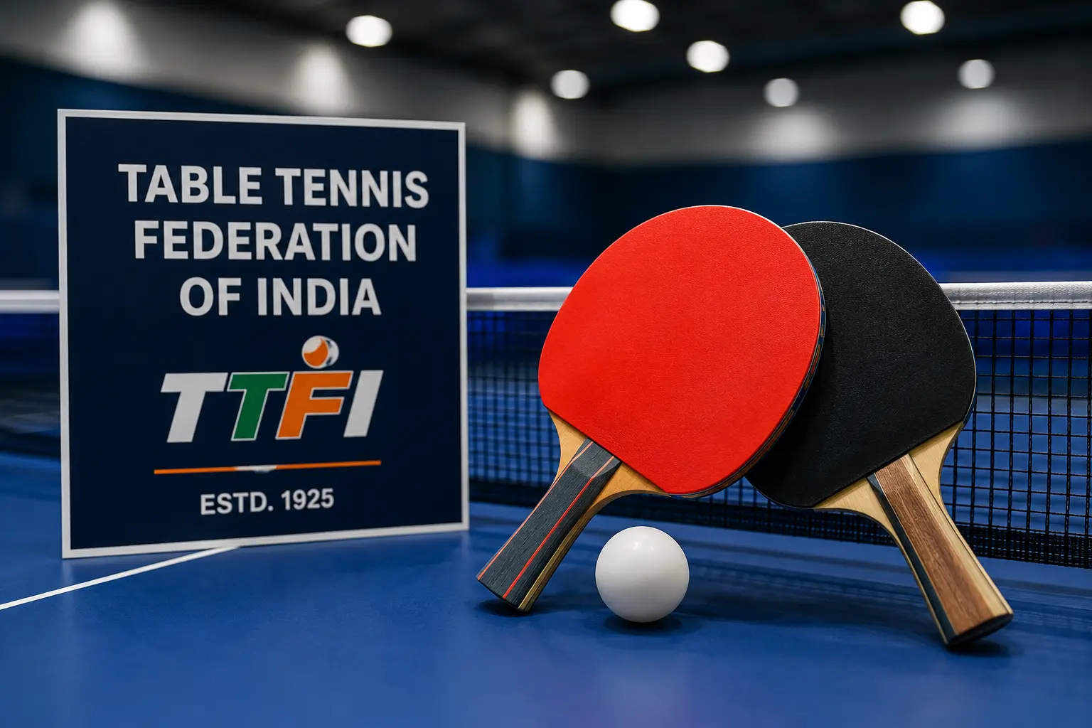 खेल मंत्रालय द्वारा TTFI की मान्यता निलंबित किए जाने पर टेबल टेनिस बोर्ड और पैडल की तस्वीर