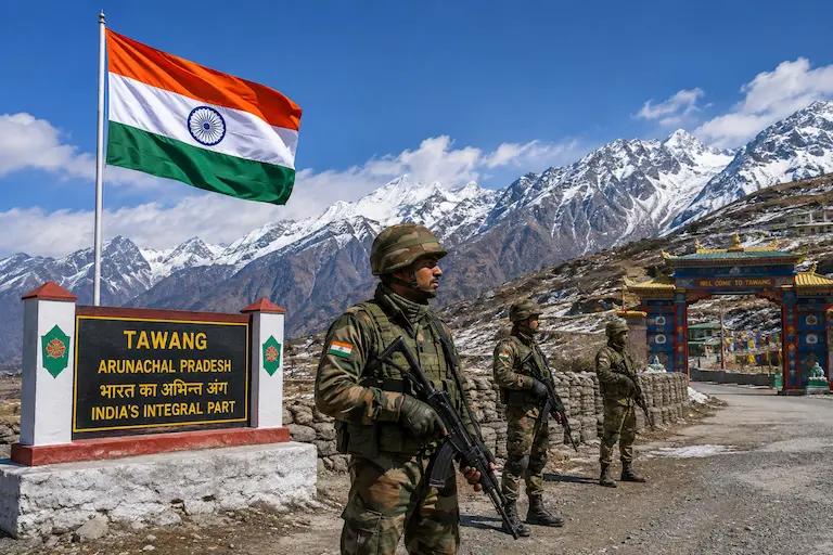 अरुणाचल प्रदेश के तवांग क्षेत्र में भारतीय ध्वज लहराता हुआ और सीमा पर तैनात भारतीय सैनिक।