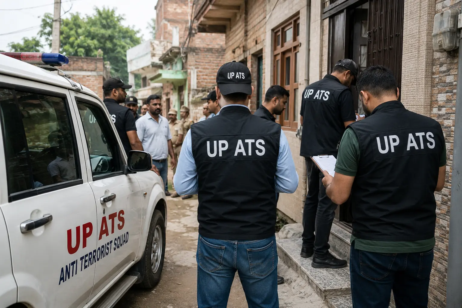 उत्तर प्रदेश एंटी टेररिस्ट स्क्वॉड (UP ATS) की टीम कानपुर में संदिग्ध पाकिस्तान कनेक्शन मामले की जांच करते हुए .