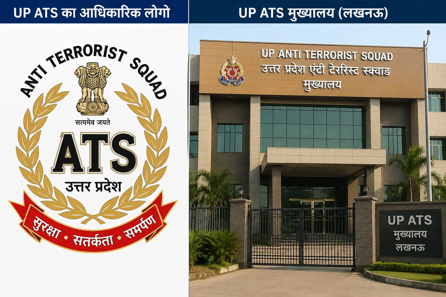 उत्तर प्रदेश एंटी-टेररिस्ट स्क्वॉड (UP ATS) का आधिकारिक लोगो और मुख्यालय इमारत।