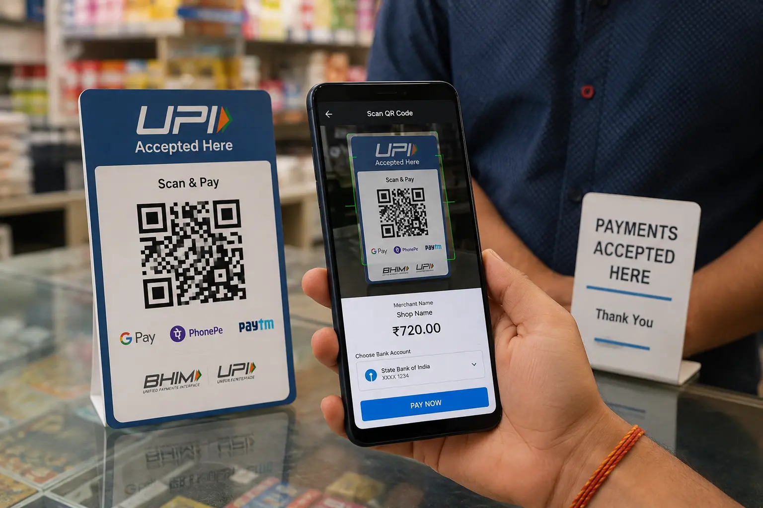UPI Payment process through smartphone via QR code scan in India.
