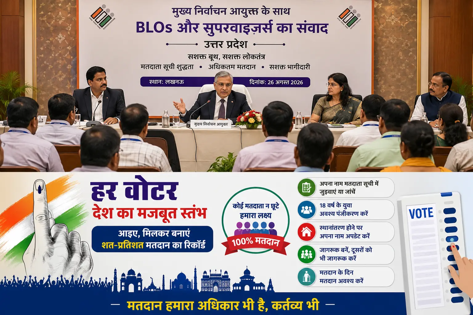 लखनऊ में BLO और सुपरवाइजरों के साथ संवाद करते मुख्य निर्वाचन आयुक्त और मतदाता जागरूकता अभियान का पोस्टर।