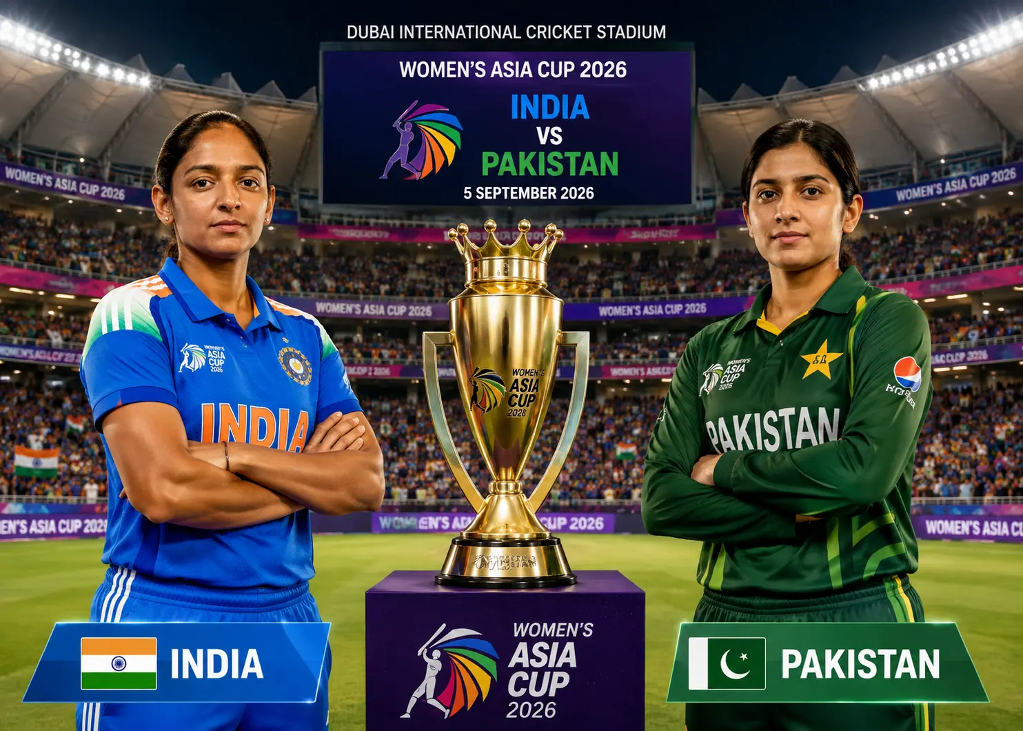 दुबई इंटरनेशनल क्रिकेट स्टेडियम में भारत vs पाकिस्तान महिला एशिया कप 2026 टी20 मैच की ट्रॉफी और खिलाड़ी