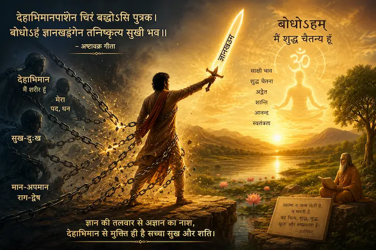अद्वैत वेदान्त और ज्ञानखड्ग से देहाभिमान से मुक्ति को दर्शाता आध्यात्मिक चित्र
