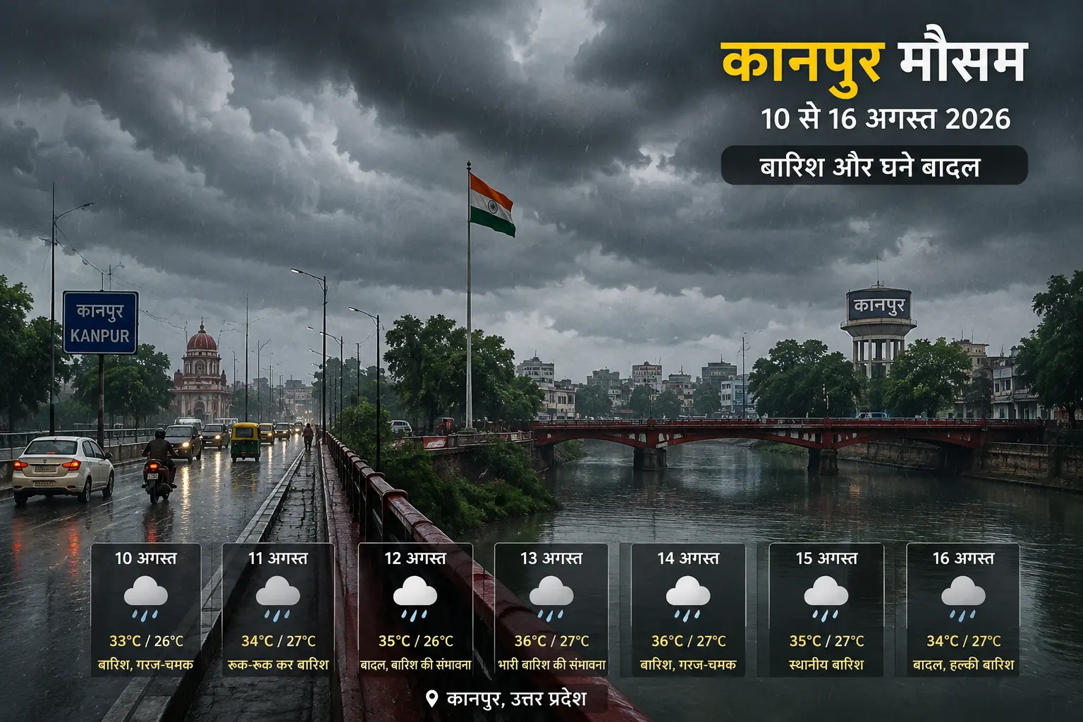 कानपुर में 10 से 16 अगस्त 2026 के दौरान बारिश और घने बादलों का दृश्य