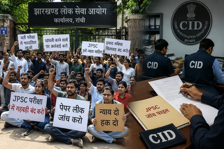 कार्यालय रांची के बाहर प्रदर्शन करते परीक्षार्थी और CID जांच की सांकेतिक तस्वीर