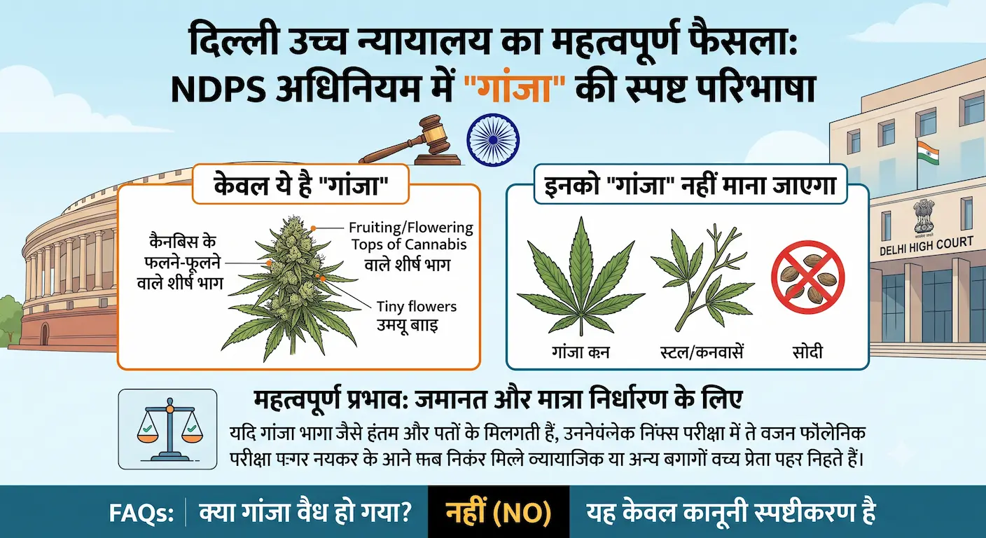 दिल्ली उच्च न्यायालय का फैसला: NDPS Act के तहत गांजे की परिभाषा में केवल फ्लावरिंग या फ्रूटिंग टॉप्स शामिल हैं।