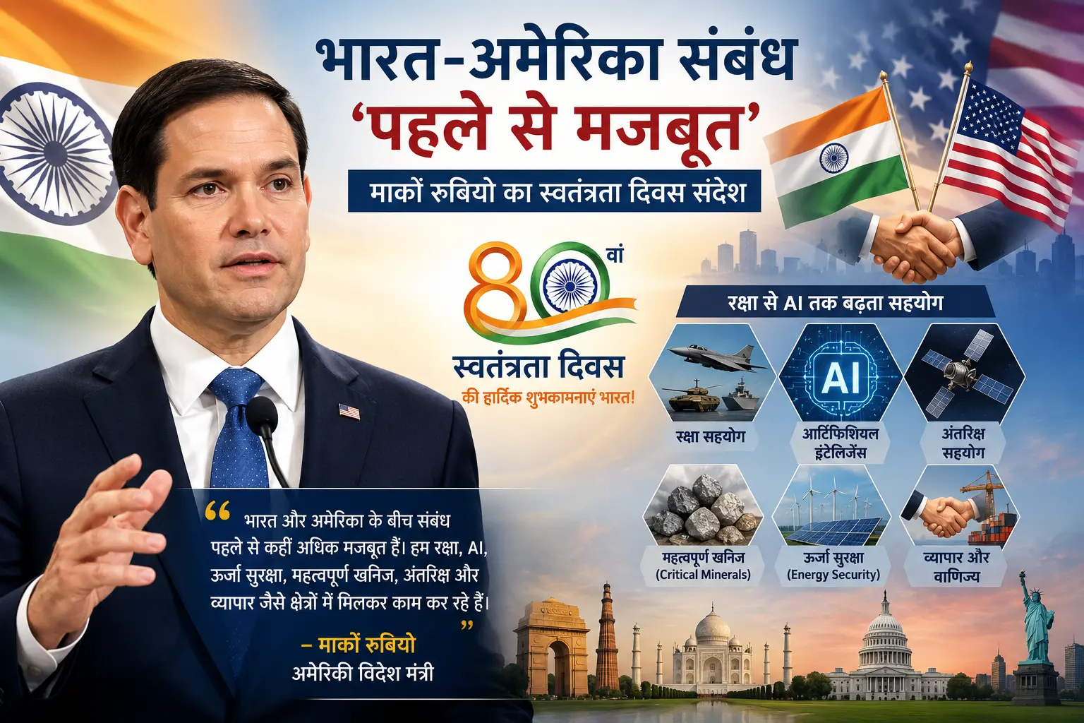 मार्को रुबियो का भारत के 80वें स्वतंत्रता दिवस पर भारत-अमेरिका संबंधों और रक्षा व AI सहयोग पर सकारात्मक संदेश