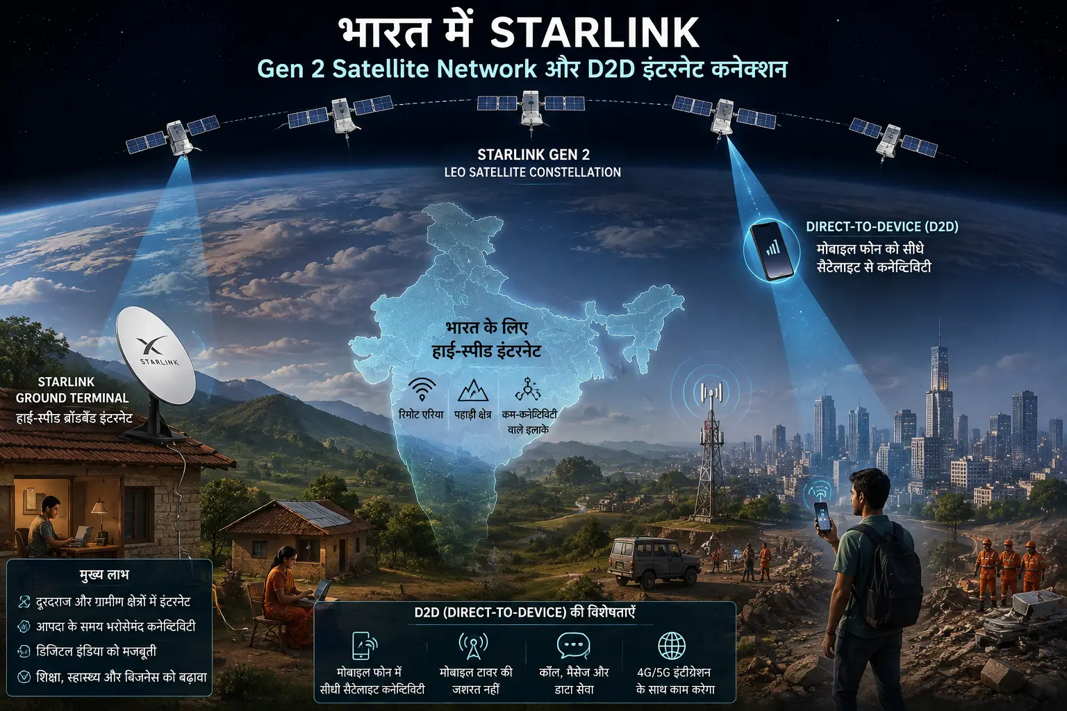 भारत में Starlink के Gen 2 Satellite Network और D2D इंटरनेट कनेक्शन का चित्रण