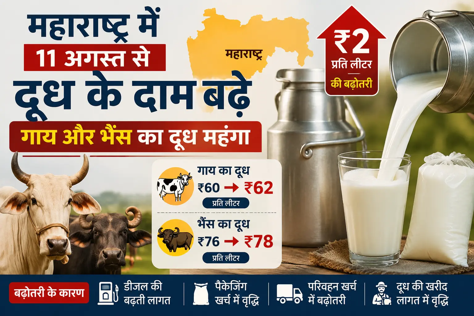 महाराष्ट्र में 11 अगस्त से दूध के दाम बढ़े - गाय और भैंस का दूध महंगा