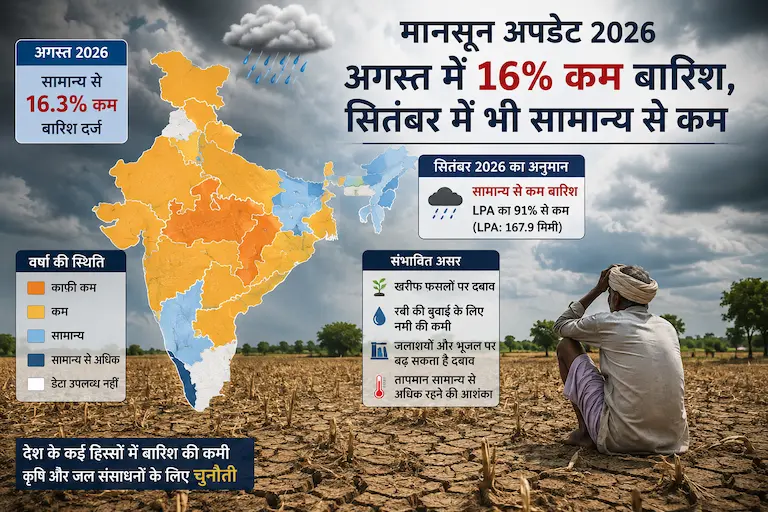 भारत का मानसून मानचित्र, अगस्त में 16% कम बारिश और सितंबर में भी सामान्य से कम बारिश के अनुमान को दर्शाता हुआ; सूखे खेत, बादलों से घिरा आसमान और बारिश की प्रतीक्षा करते किसान दिखाई दे रहे हैं।