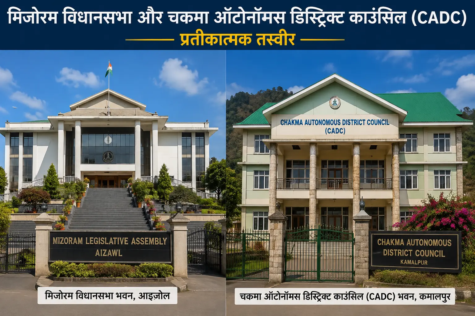 मिजोरम विधानसभा और चकमा ऑटोनॉमस डिस्ट्रिक्ट काउंसिल (CADC) भवन की प्रतीकात्मक तस्वीर