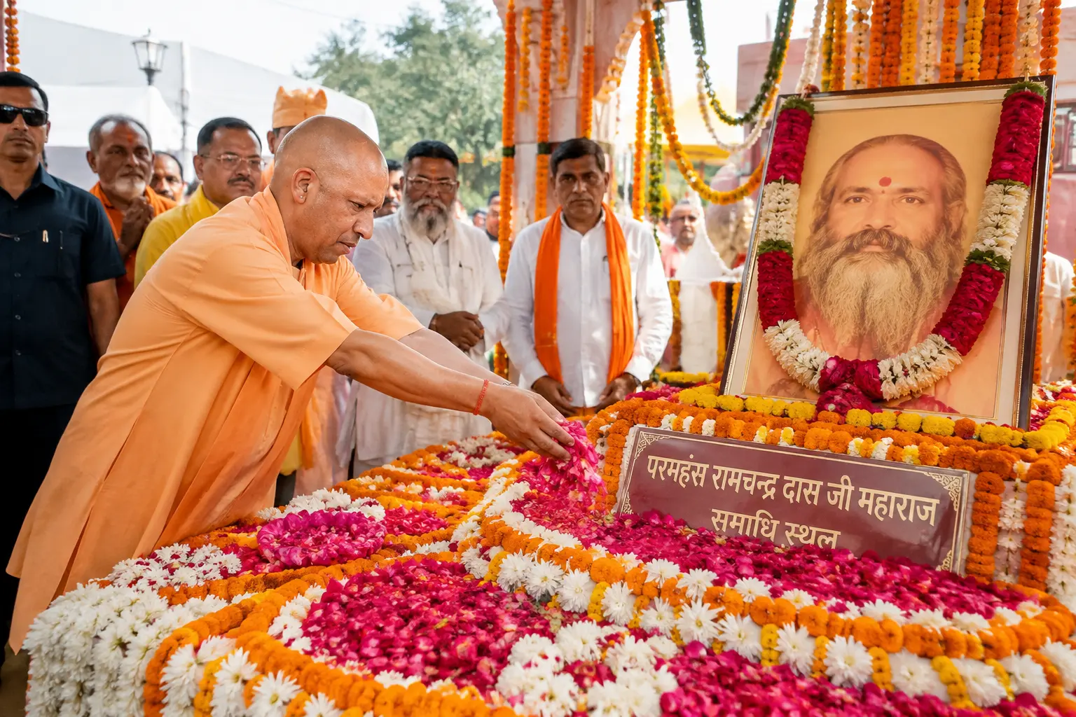 CM Yogi Adityanath paying floral tribute at Paramhans Ramchandra Das Maharaj Samadhi in Ayodhya
