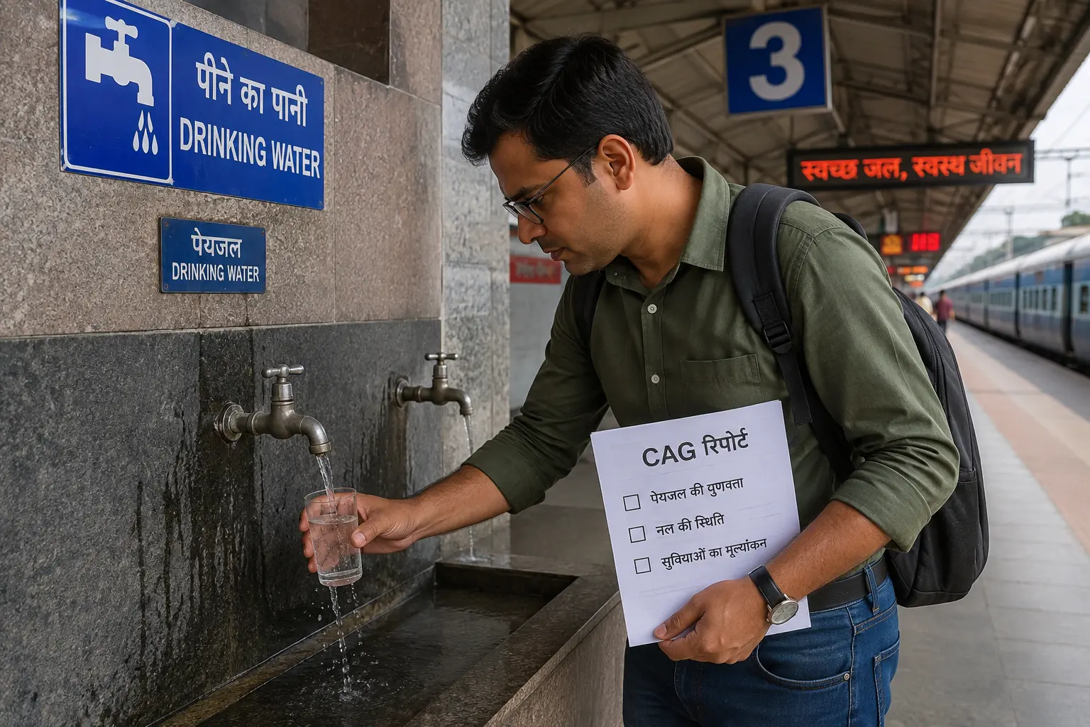 रेलवे स्टेशन प्लेटफॉर्म पर पीने के पानी के नल की जांच करता यात्री (CAG रिपोर्ट)