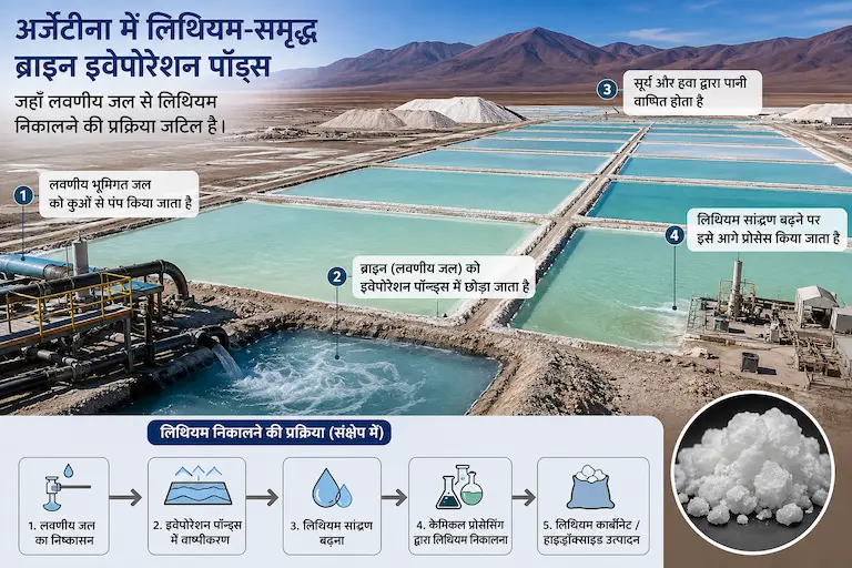 अर्जेंटीना के रेगिस्तानी इलाके में स्थित बड़े, आयताकार लिथियम ब्राइन इवेपोरेशन पॉन्ड्स का एरियल व्यू। इन मानव निर्मित जलाशयों में वाष्पीकरण की विभिन्न अवस्थाओं को दर्शाते हुए फ़िरोज़ी, गहरे नीले और हरे रंग के पानी के अलग-अलग शेड नज़र आ रहे हैं।