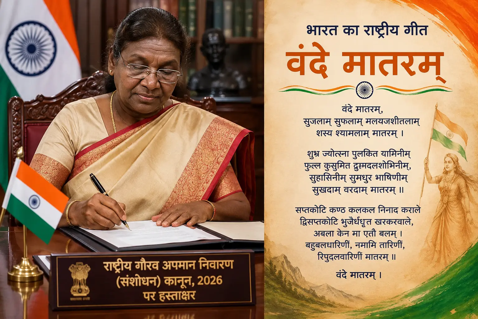 राष्ट्रपति द्रौपदी मुर्मू द्वारा 'राष्ट्रीय गौरव अपमान निवारण (संशोधन) कानून, 2026' पर हस्ताक्षर की प्रतीकात्मक तस्वीर तथा भारत का राष्ट्रीय गीत 'वंदे मातरम्'।